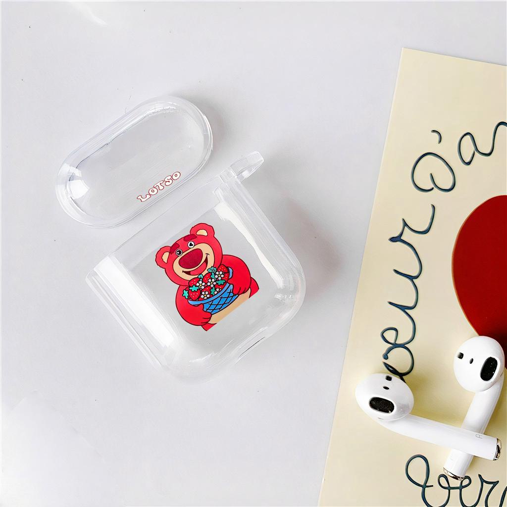 Ốp Airpods 3 gấu dâu lotso Case airpod 1 2 3 pro 2 vỏ bảo vệ hộp sạc tai nghe trong suốt nhựa dẻo có móc treo