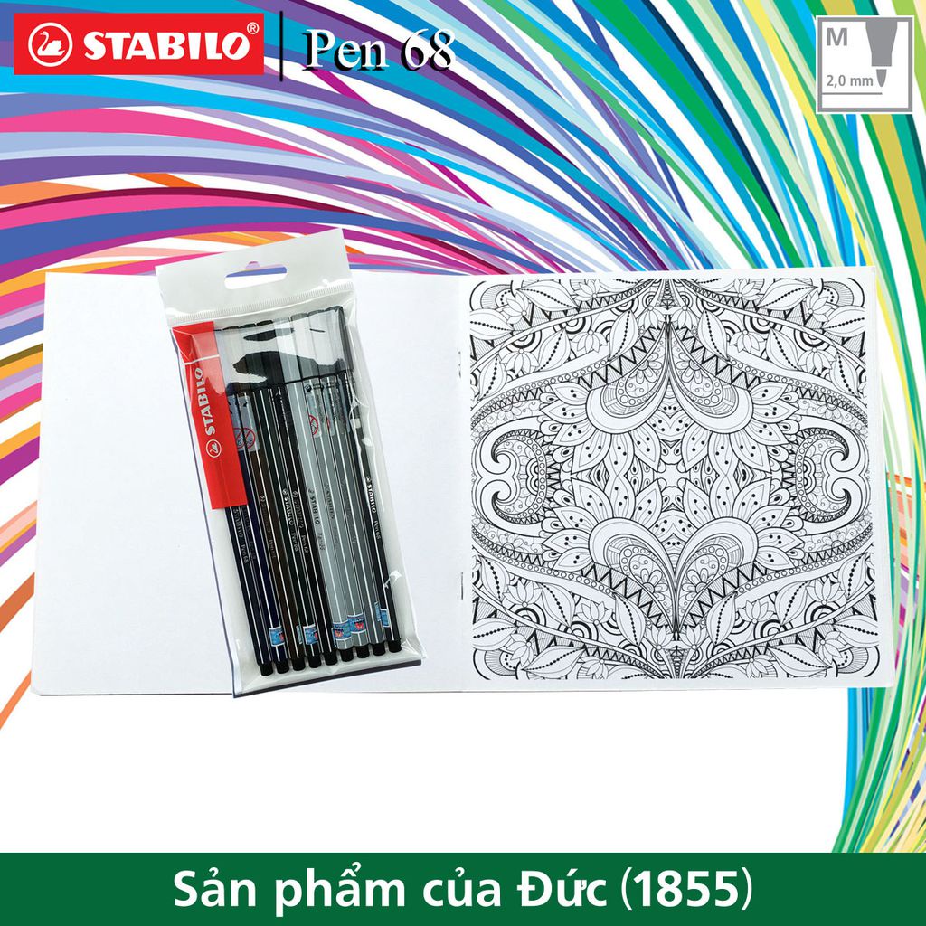 Bộ 9 bút lông STABILO Pen68 1.0mm màu đen + sách tô màu SACB (PN68/BK-C9G)