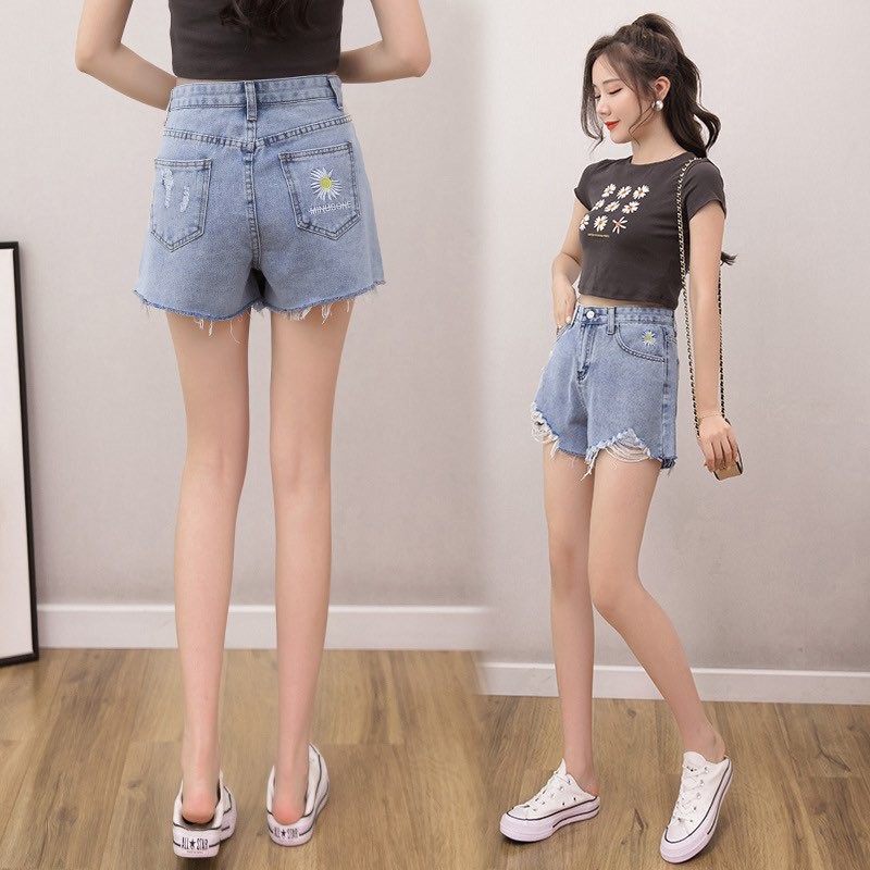 Quần Short Denim Lưng Cao Thiết Kế Rách Cá Tính thêu hoa cúc Jeans hàng Quảng Châu
