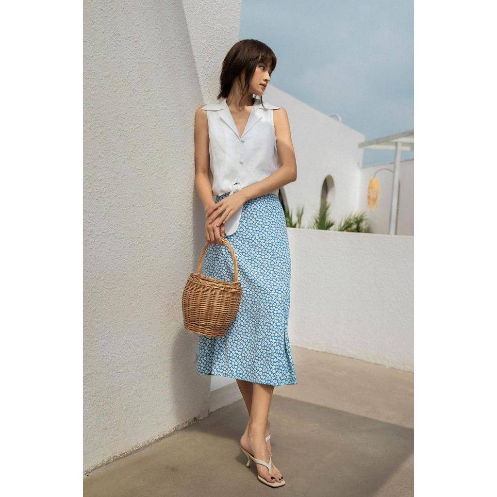 Chân váy hoa nữ YV LE & CO vải Viscose màu xanh indigo nhẹ nhàng, tinh tế