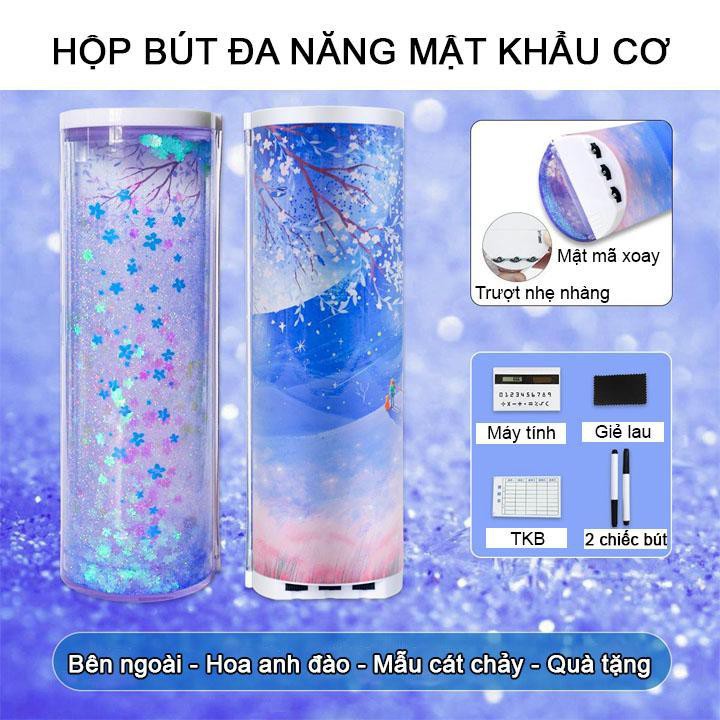 Hộp bút đa năng có MẬT KHẨU CƠ XOAY SỐ kèm quà tặng Máy tính + 2 chiếc bút + Gương soi + Giẻ lau bảng