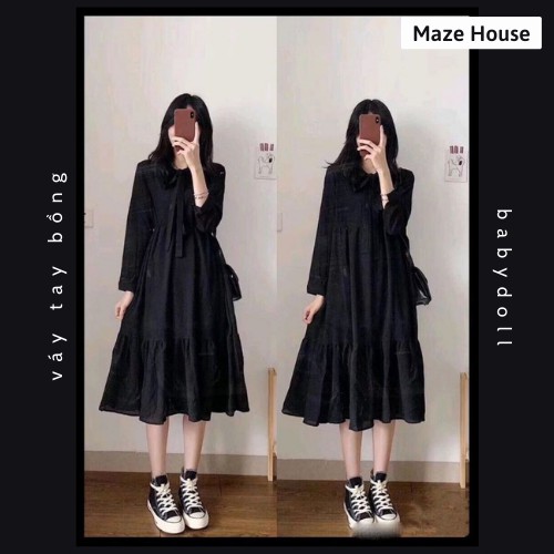 Váy babydoll nơ ngực 💖Freeship💖 Đầm babydoll nữ tay bồng dáng suông, tiểu thư - Maze House