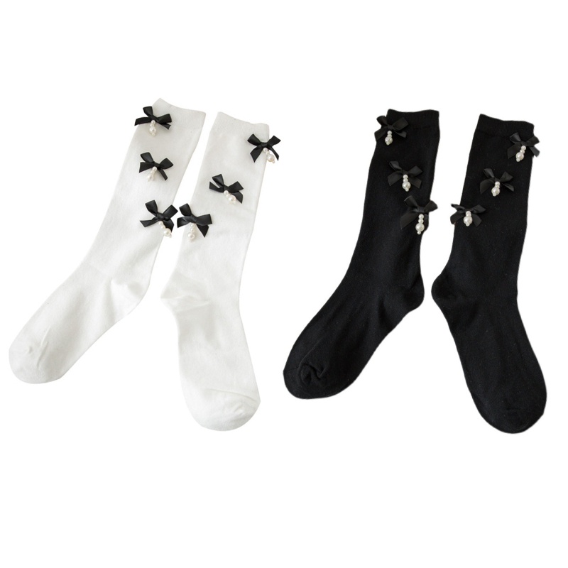 Vớ Cotton Cao Đến Đầu Gối Đính Nơ Và Ngọc Trai Ngọt Ngào Phong Cách Harajuku Cho Nữ Sinh