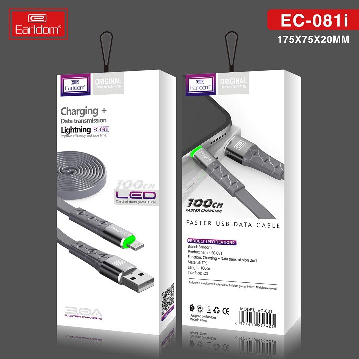 Cáp sạc nhanh Earldom EC-081 dây dù 3.0A cổng kết nối Type C Micro Lightning , dài 1m - 2m , có đèn led - BH 1 Năm