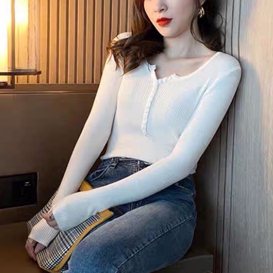 Áo len nữ tay dài kiểu cổ V dáng ôm dệt kim mềm mịn Hàn Quốc Thiết kế trẻ trung quyến rũ
