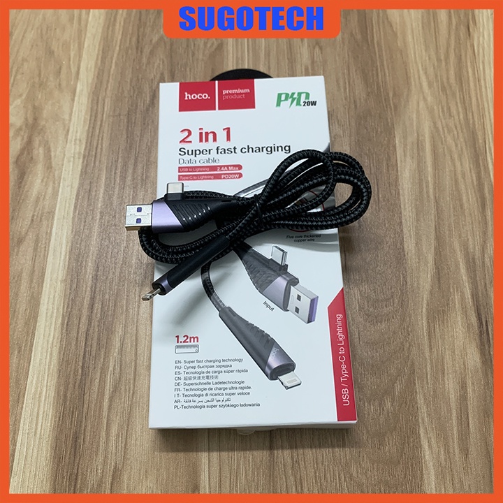 Cáp sạc nhanh Hoco U95 chính hãng 2 in 1 USB và Type ra Lightning cho Iphone/Ipad