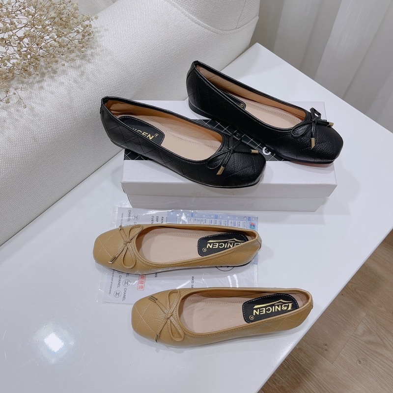 BEESHOES- GIÀY BÚP BÊ NỮ THỜI TRANG DA MỀM ÊM CHÂN DỄ ĐI- GIÀY BÚP BÊ ĐẾ BỆT SẴN MÀU ĐEN KEM 210905