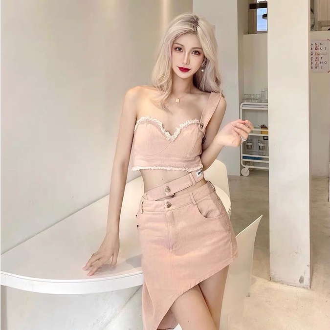 Set jeans nữ Áo jeans croptop áo 2 dây combo chân váy không đối xứng nữ chất đẹp kaki bò cạp thấp JB004 hot
