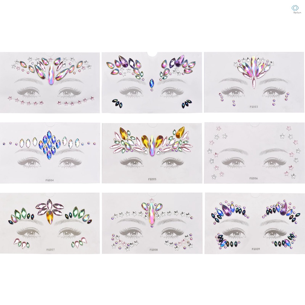 Set 9 miếng dán trang trí cơ thể thiết kế kiểu kim cương giả pha lê nhiều màu sắc đẹp mắt DIY