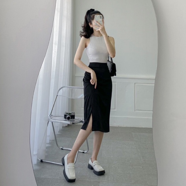 Váy Satin - Chân váy Midi xẻ tà