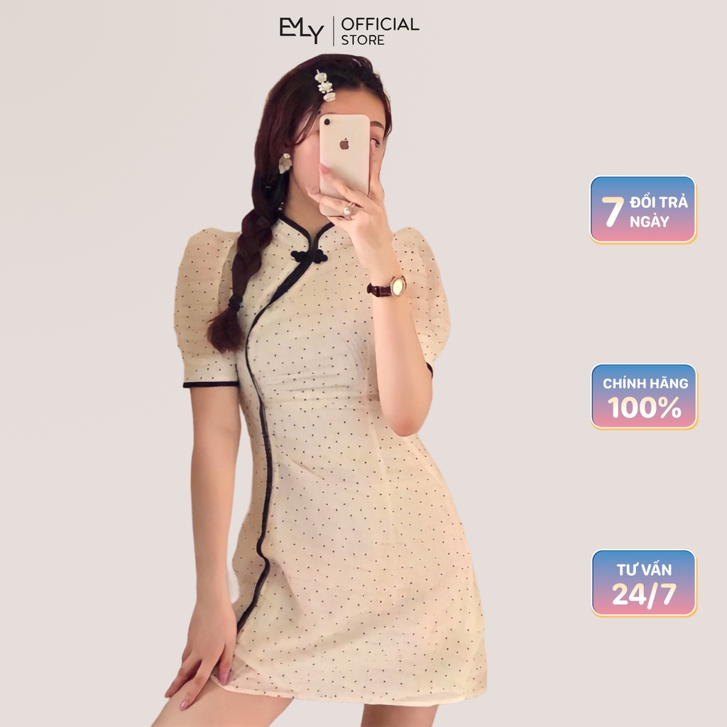 Đầm nữ dáng ôm chấm bi tay ngắn cổ tàu Emilyshop