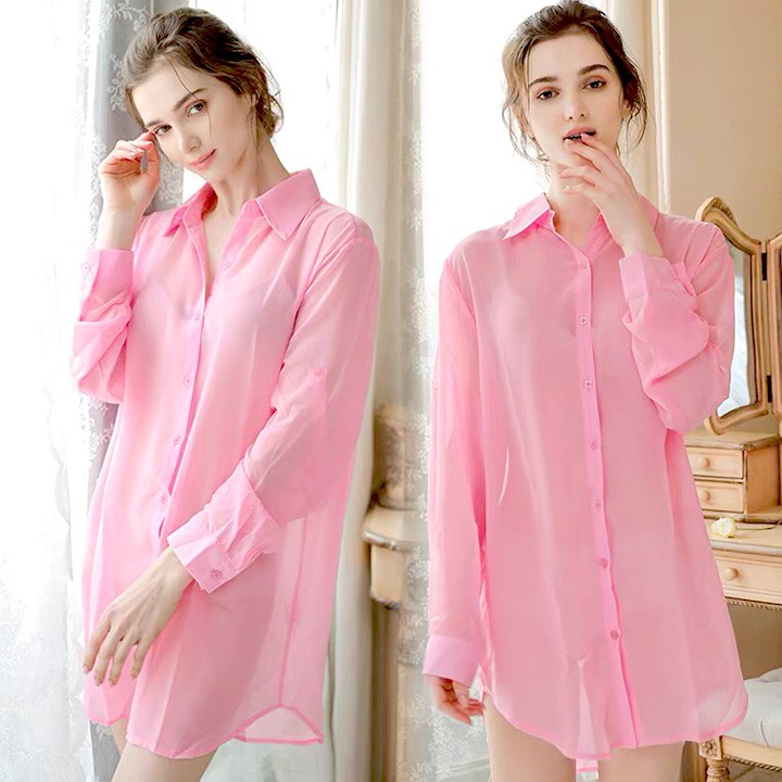 Áo ngủ sơ mi màu hồng đáng yêu với chất liệu voan cát xuyên thấu quyến rũ