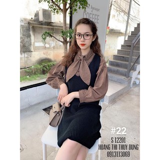 Sét sơ mi nơ cổ váy len siêu xinh - kèm ảnh thật