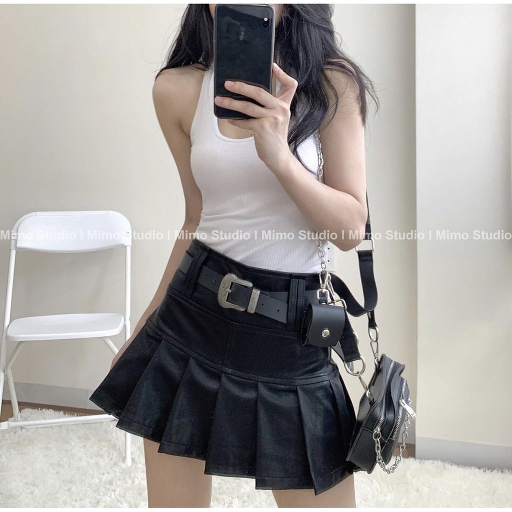 -  Quà tặng sinh nhật,bạn gái,cho nữ,tết Váy da PU xếp ly xòe chữ A ngắn