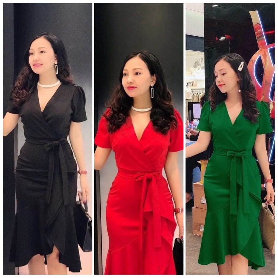 Đầm body cổ tim lai bèo thắt eo