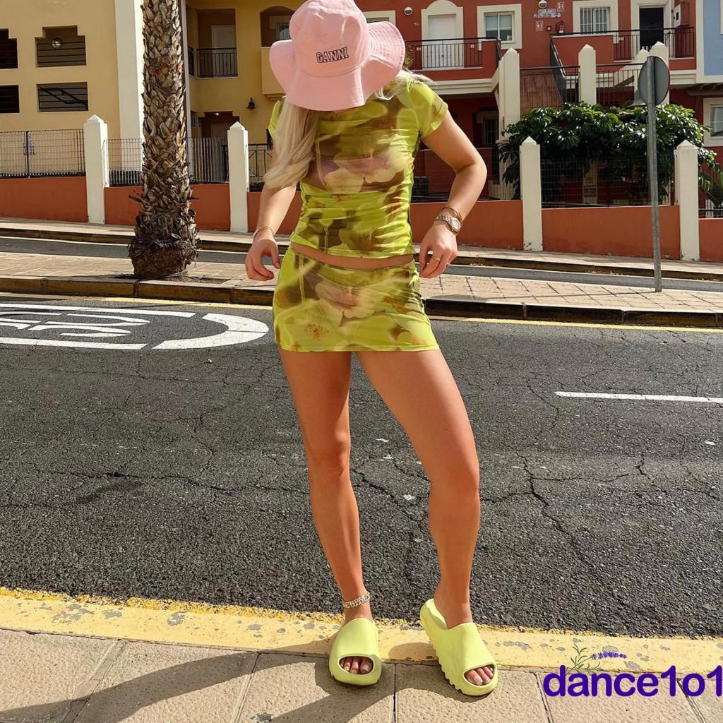 ❀Pq✪Bộ Áo Tay Ngắn In Họa Tiết + Chân Váy Mini Dễ Thương Cho Nữ