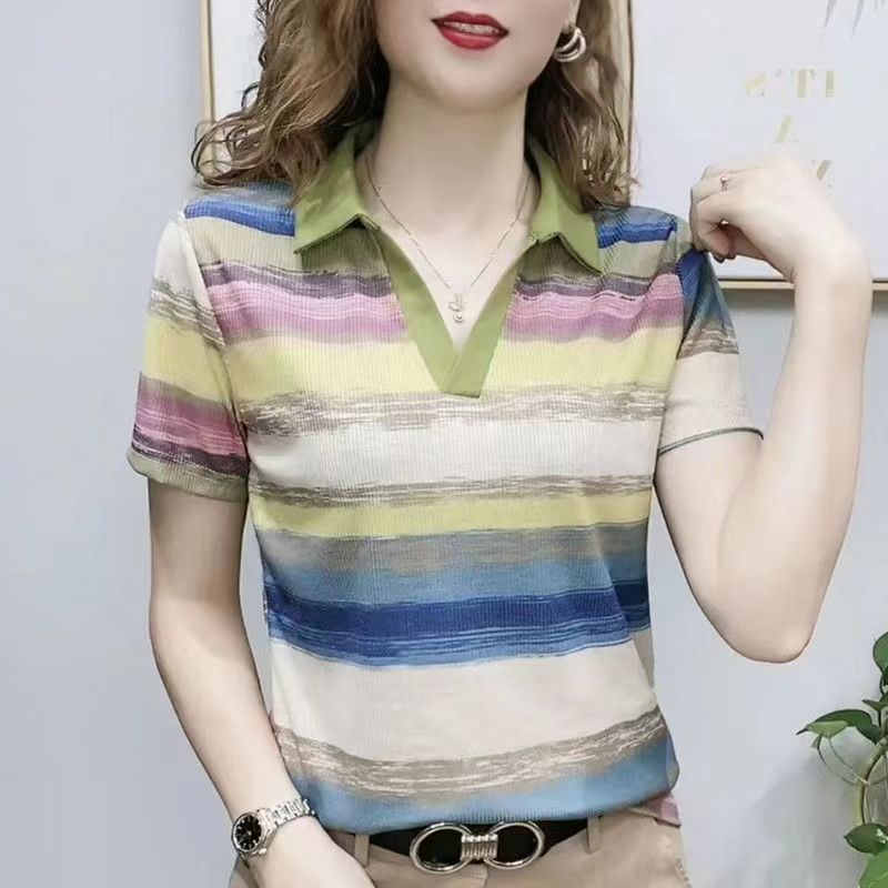 Áo Thun polo Ngắn Tay Họa Tiết Sọc Ngang Thời Trang Dành Cho Nữ
