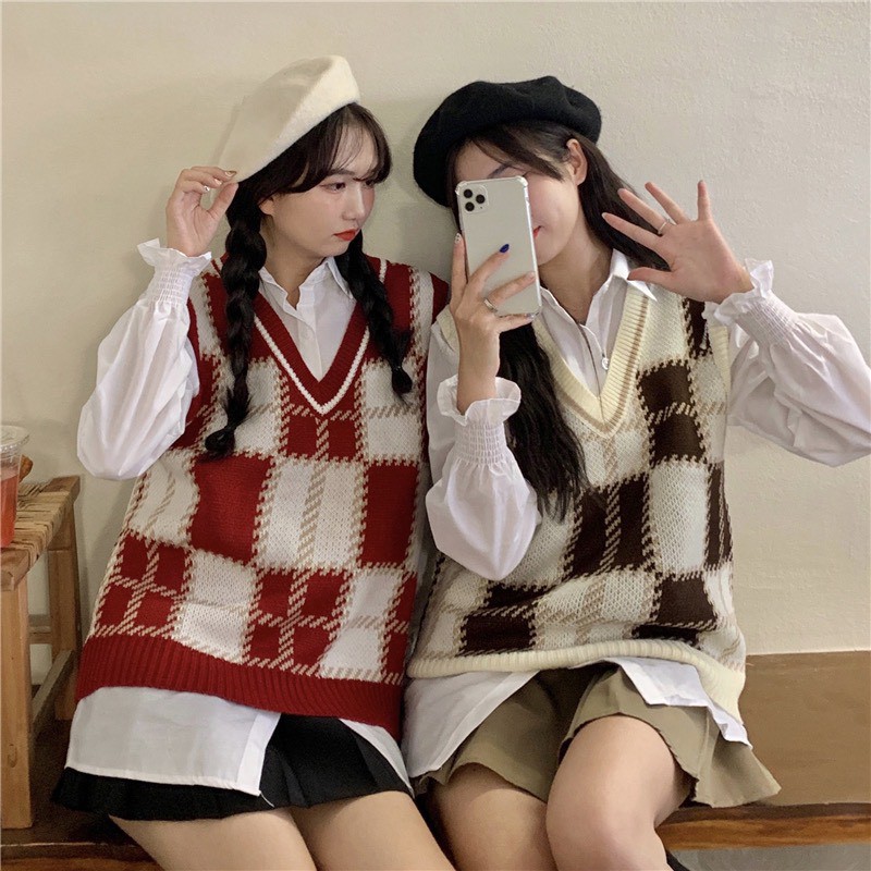 Áo gile dáng rộng họa tiết ô vuông mix đồ siêu xinh! Ulzzang Style Hàng quảng châu