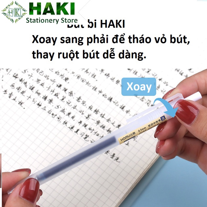 Bút bi bấm HAKI mực gel màu đen đỏ xanh ngòi 0.5mm viết trơn ra mực đều dụng cụ văn phòng phẩm B61
