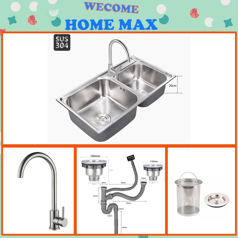 [ INOX 304 ]  Combo chậu vòi rửa bát dập 2 hố inox  304 bảo hành chính hãng 24 tháng ..