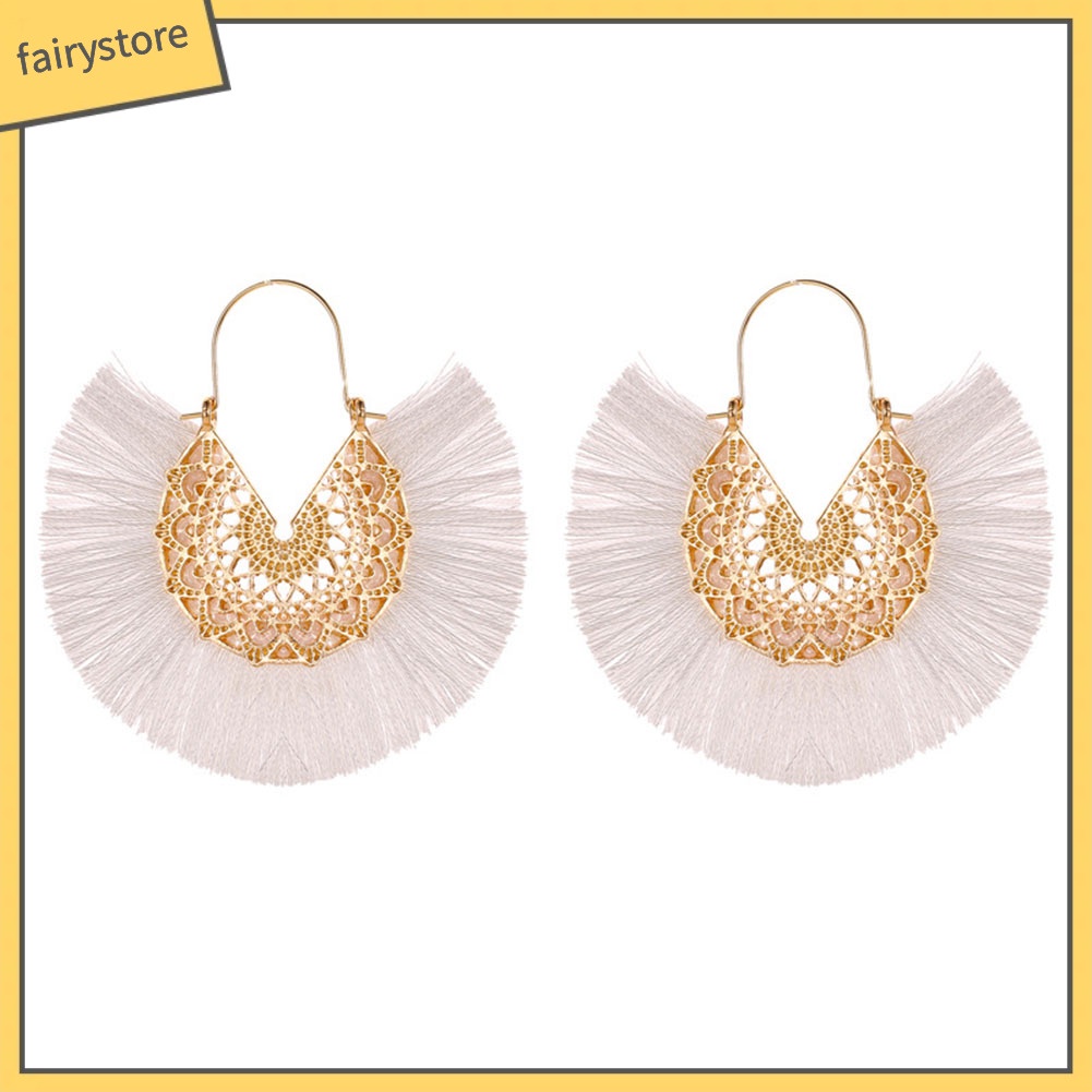 Khuyên Tai Dáng Dài Hình Quạt Phối Tua Rua Phong Cách Bohemian Thời Trang