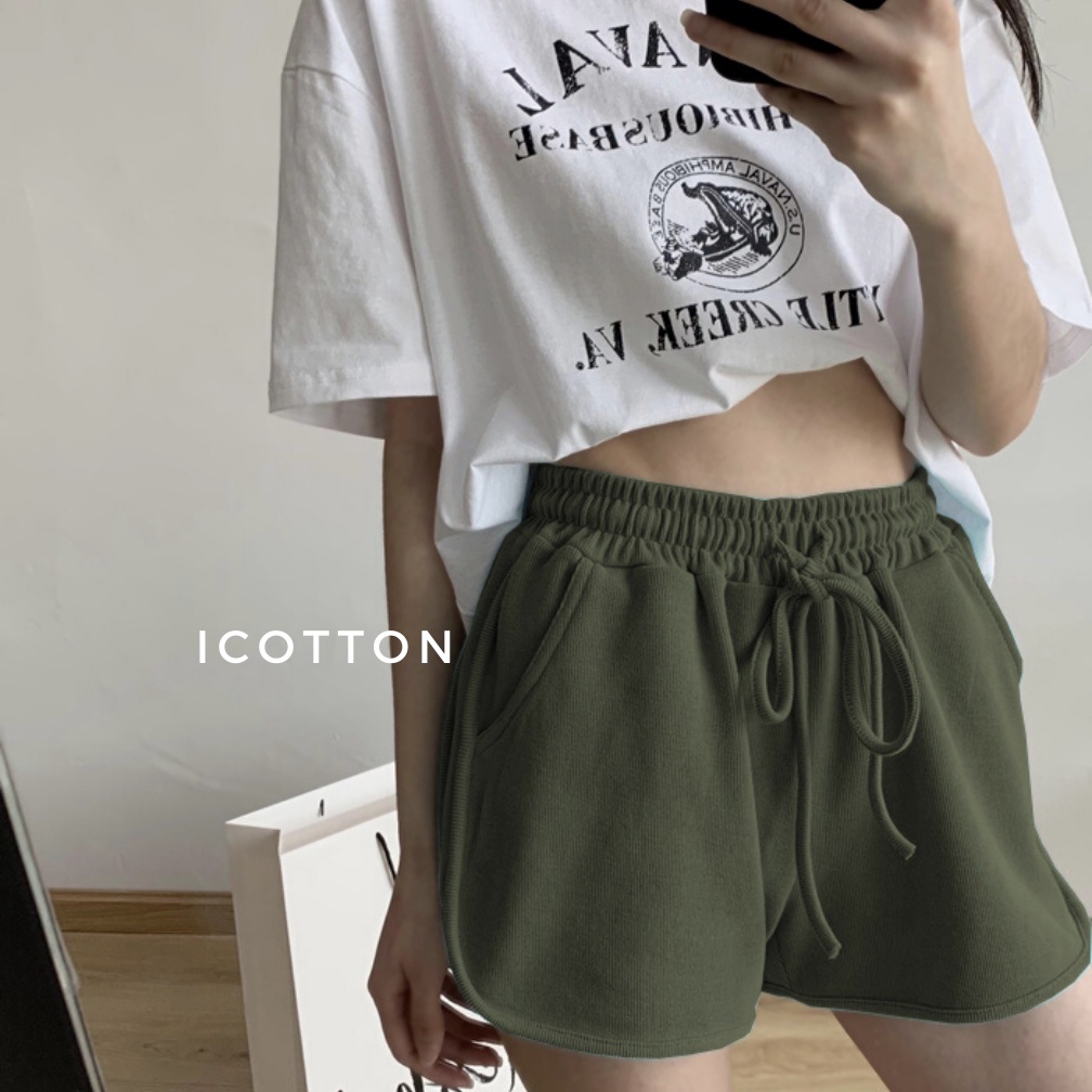 Quần đùi nữ cạp cao ống rộng ♥️iCoton♥️ quần đùi thun nữ thể thao mặc nhà chất cotton da cá mát mẻ , cao cấp có viền