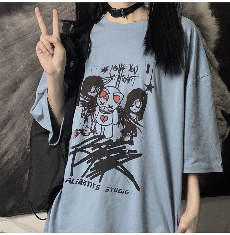 2021 new summer clothes Korean version ins Harajuku style long short sleeve t-shirt female loose net red blue top hip hop trend