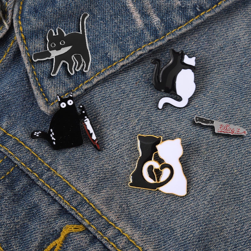 Ghim Cài Áo Kim Loại Hình Mèo Trắng Đen Dễ Thương
