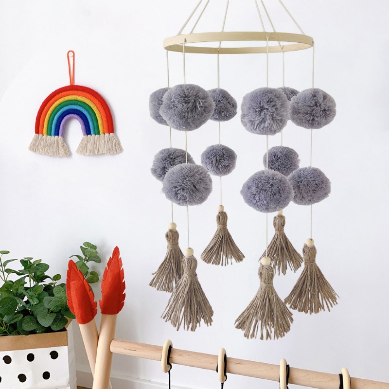 Chuông Gió Bóng Lông Tua Rua Nhiều Màu Sắc Treo Nôi Em Bé Trang Trí Phòng Trẻ Em