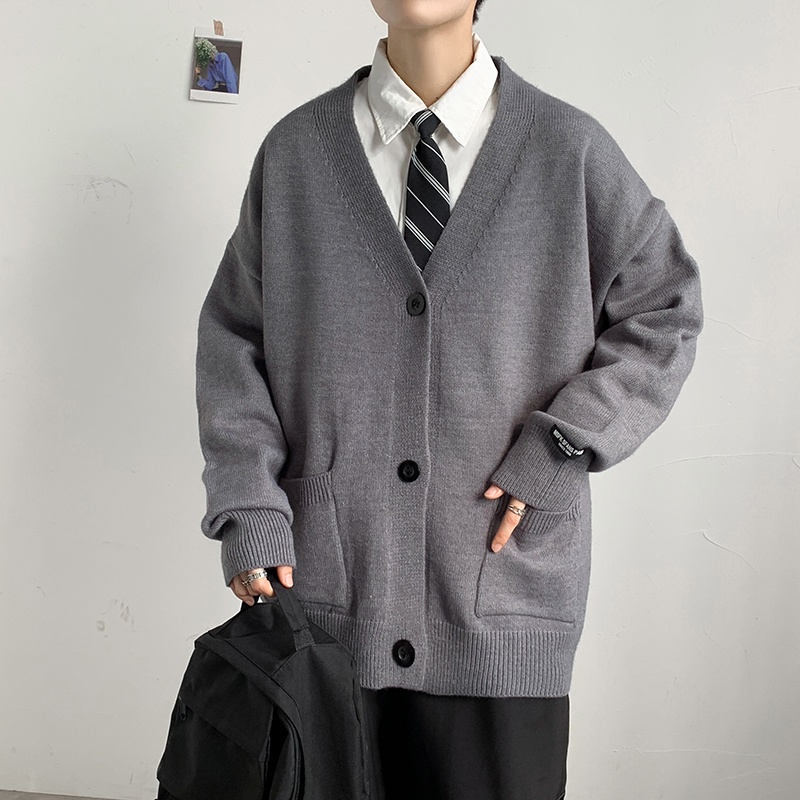 Áo len cardigan nam cổ V trơn màu túi trước, áo khoác len nam cardigan form rộng Hàn Quốc dáng ulzzang oversize 3311