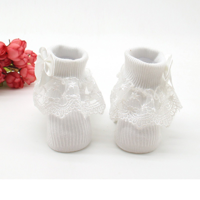 Vớ cotton mềm viền ren có đính nơ dễ thương cho bé gái