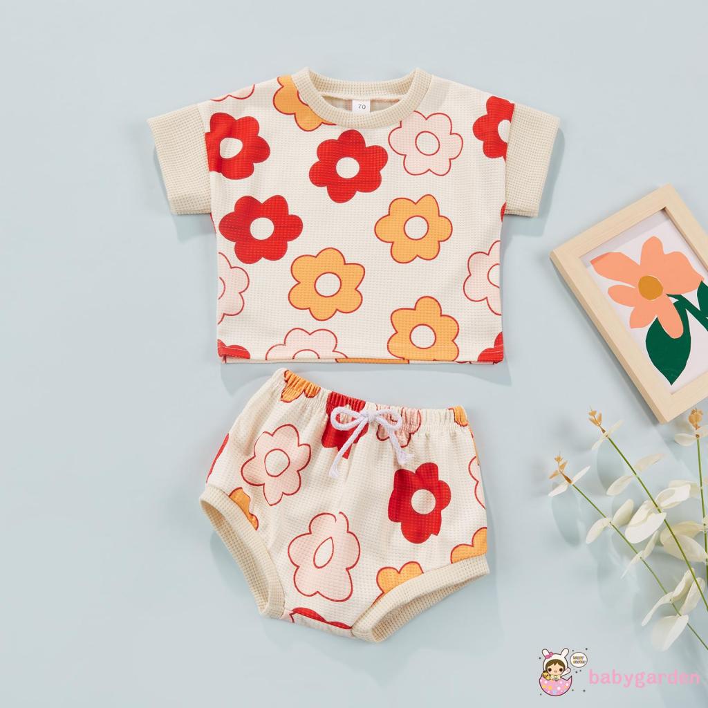 Set Áo Thun Ngắn Tay Cổ Tròn In Hoa + Quần Short Lưng Thun Thời Trang Mùa Hè Cho Bé Gái 0-24 Tháng Tuổi