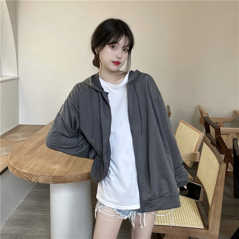SUXI (MỚI) Áo hoodie nữ dáng rộng màu trơn có khoá kéo