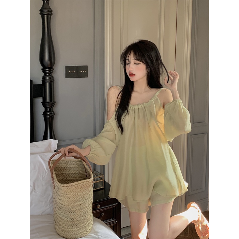 (ORDER) Set bộ áo kiểu nữ voan dài tay hở vai + Quần shorts đùi style tiểu thư gợi cảm sang chảnh Hàn Quốc