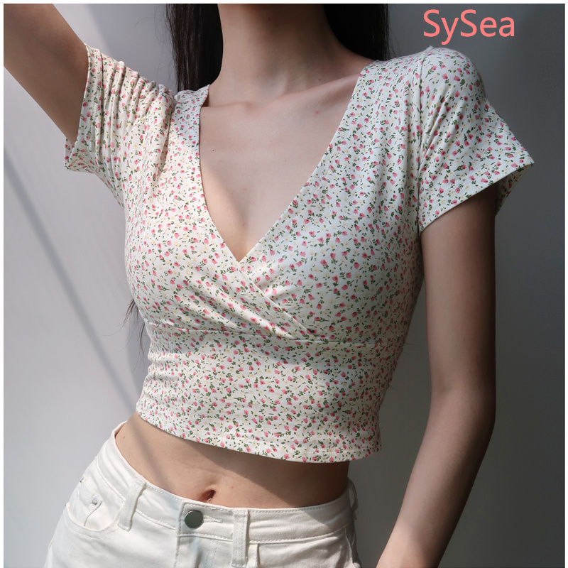 Áo kiểu crop top tay ngắn cổ chữ V họa tiết hoa phong cách Hàn Quốc retro xinh xắn cho nữ