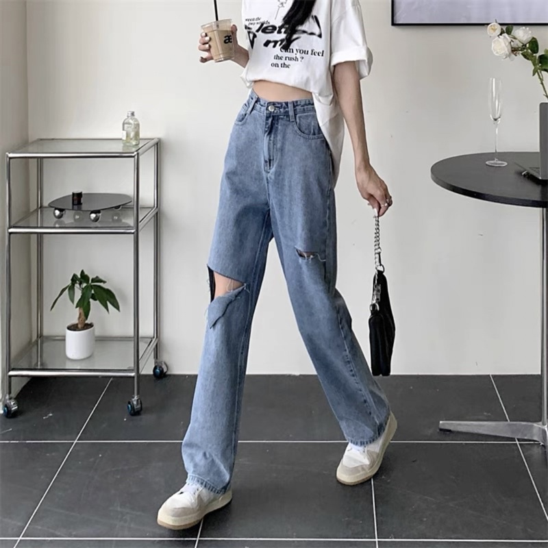 Quần Jeans Ống Suông Lưng Cao Catty Bigsize, Quần Ống Rộng Lưng Cao bigsize nữ xanh đá rách dễ thương