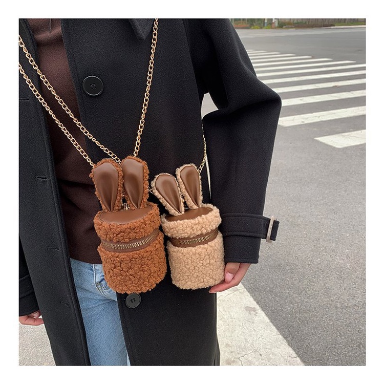 Túi Đeo Chéo Lông Cừu Mini Hình Trụ Đính Tai Thỏ Thời Trang Cho Nữ