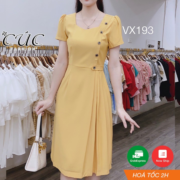 Váy dáng xòe liền thân công sở cao cấp Cúc Fashion VX193 váy 5 cúc dập ly