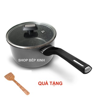 Nồi nấu cháo bột chống dính bếp từ KIMS COOK 16cm nắp kính, đúc nguyên khối, phủ ceramic vân đá cao cấp, tặng 1 sạn dừa
