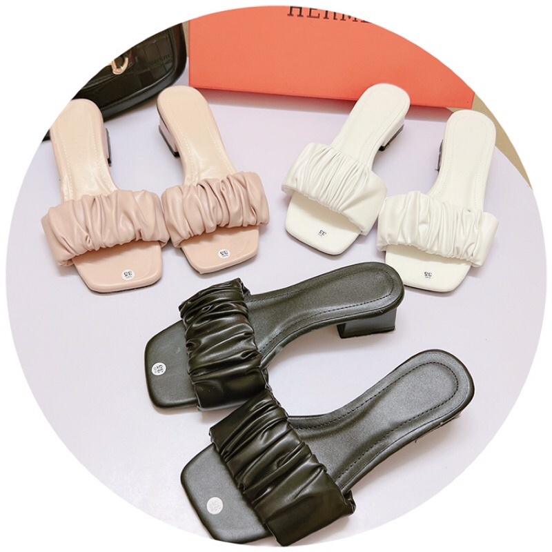 Guốc cao gót quai ngang bèo nhúm gót vuông 4 cm