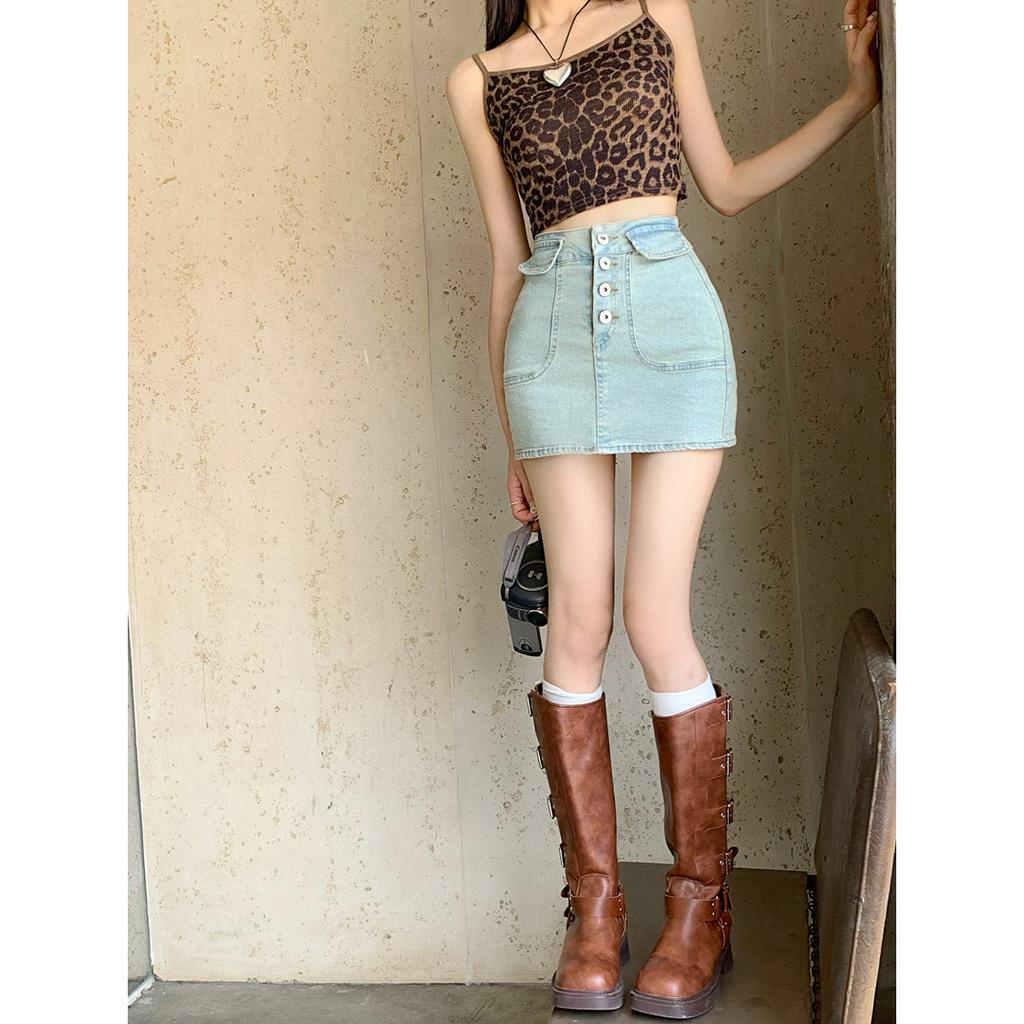 Lalisas Chân váy jean Ngắn Lưng Cao Phong Cách retro Mỹ Cho Nữ