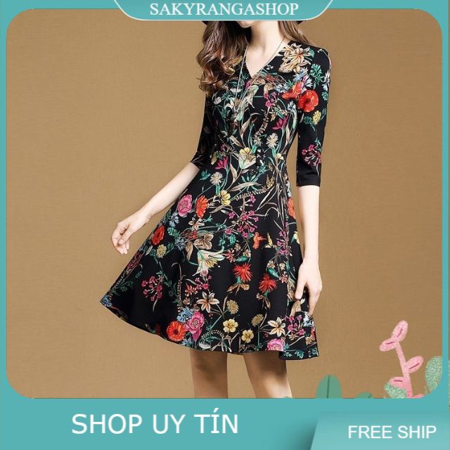 ĐẦM XÒE HOA THUN LỤA IN HOA ĐỎ