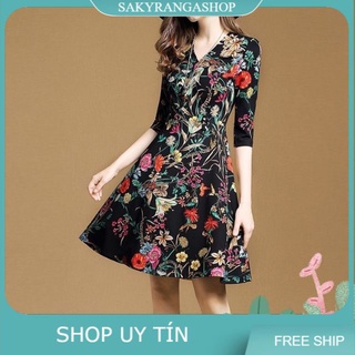 Đầm xòe hoa thun lụa in hoa đỏ