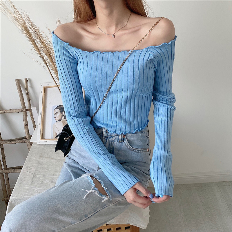 Hàng Dệt Kim 211725Áo Dệt Kim Tay Dài Hở Vai Dáng Ôm Thời Trang Hàn Quốc Cho Nữ | BigBuy360 - bigbuy360.vn