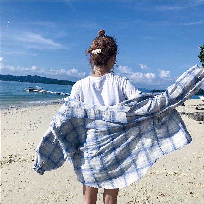 Áo sơ mi YEYA tay phồng họa tiết sọc caro thời trang Hàn Quốc cho nữ