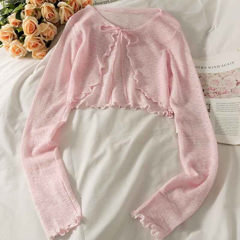 NUZIRO  Áo cardigan  mỏng che nắng dáng ngắn cổ thắt nơ phong cách Pháp màu sắc xuyên thấu thời trang cho nữ