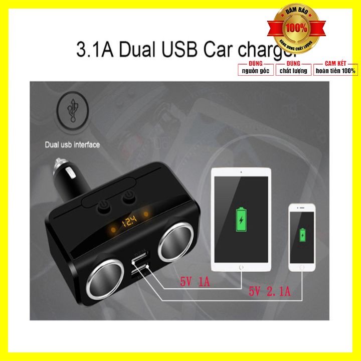 Bộ chia tẩu sạc ô tô nhãn hiệu Hyundai  tích hợp 2 cổng sạc USB - Bảo hành 6 tháng