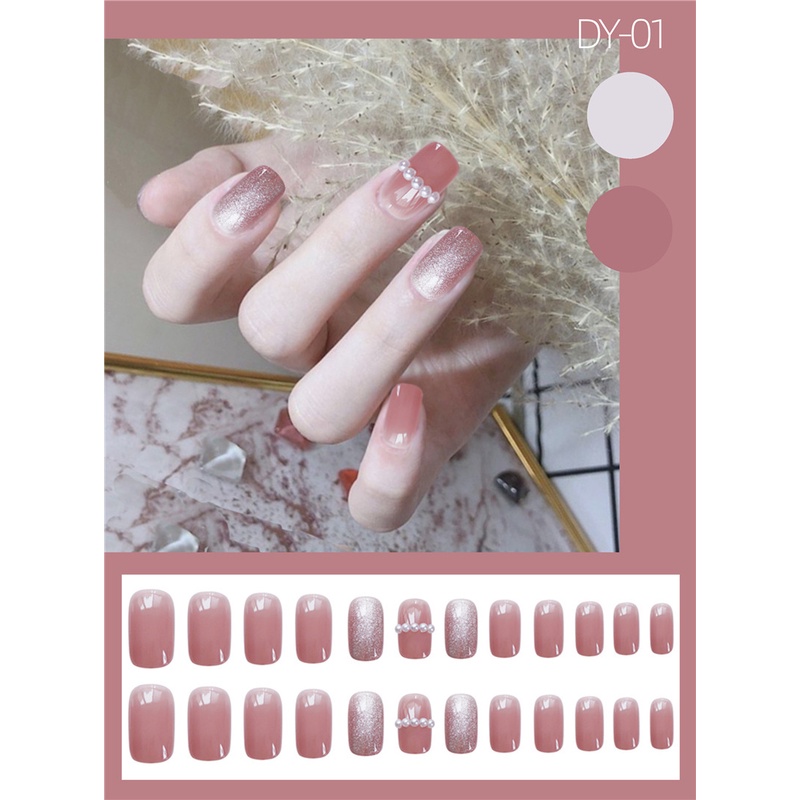 Bộ 24 móng tay giả Nail Nina trang trí nghệ thuật họa tiết Pha lê bột ngọc trai nhân tạo mã 209【Tặng kèm dụng cụ lắp】