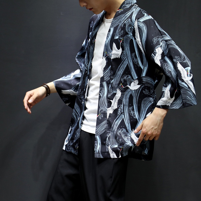 Japanese Style Three-Quarter Sleeve Kimono Cardigan Men's Summer Thin Half-Sleeved Casual Loose Printed Shirt Robe Sun Protection Clothing matI