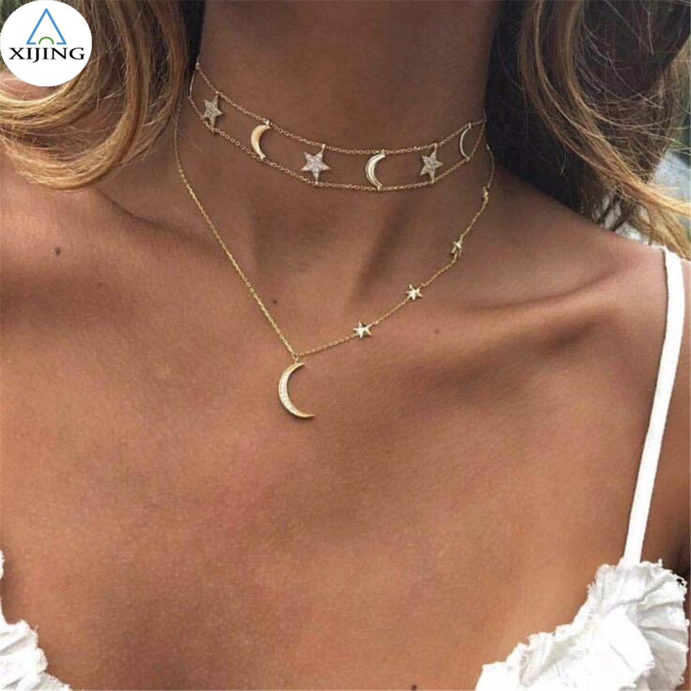 Dây chuyền nhiều lớp hình trăng/sao phong cách thời trang Boho